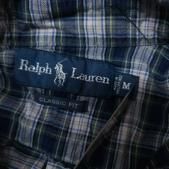RALPH LAUREN Mens Medium Green Blue Plaid Classic Fit Long Sleeve Button Shirt - Picture 10 of 10